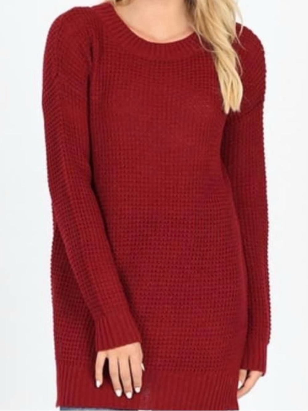 NWT Zenana Women’s Side Slit Waffle Knit Sweater in Cabernet Size medium